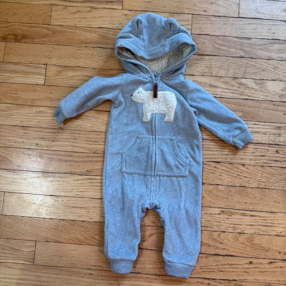 Carters Baby Boys Blue Fleece Polar Bear Hooded Jumpsuit Pram 6 Months